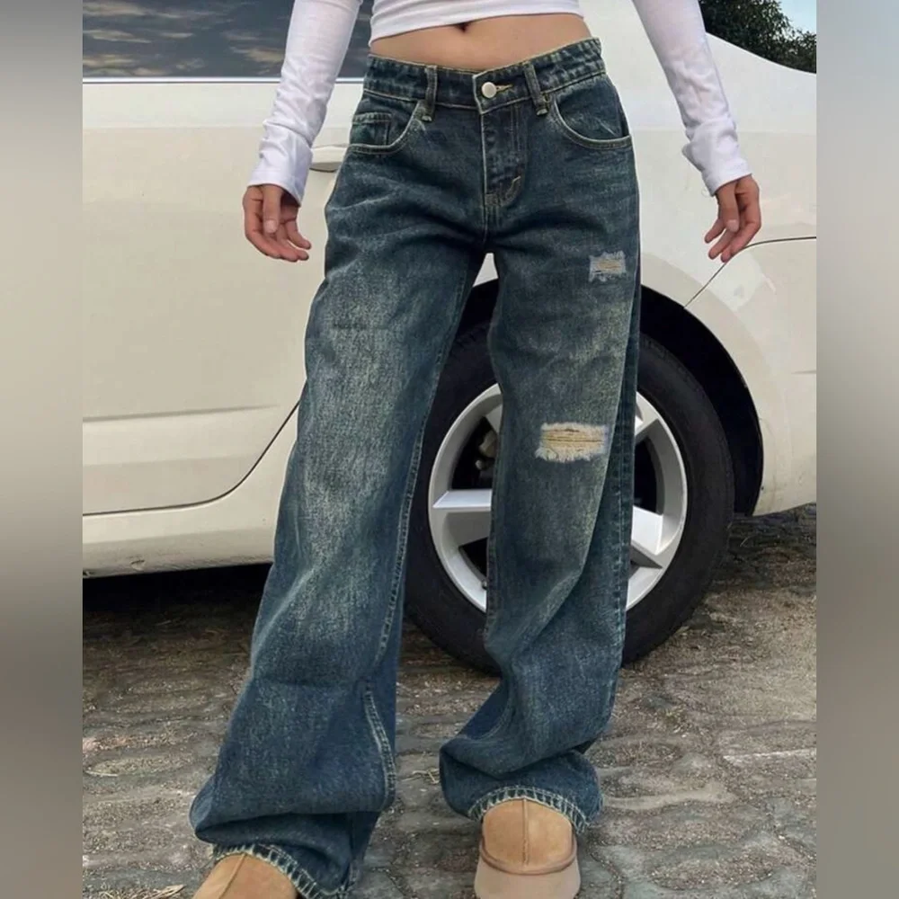 Washed Dark Blue Wide-Leg Distressed Women’s Jeans - Picture 1 of 4